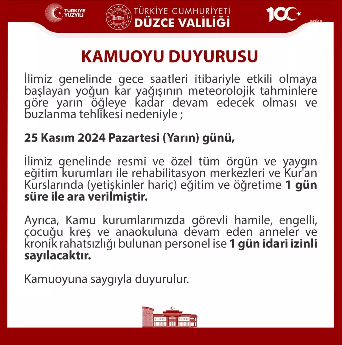Düzce’de Okullar 1 Gün Tatil